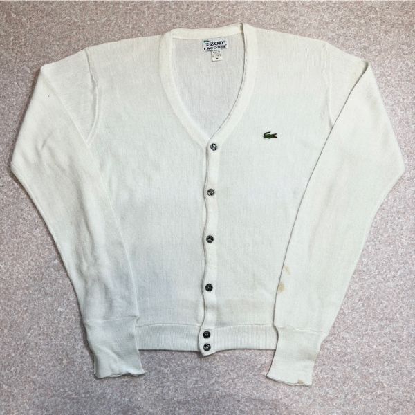 「LACOSTE(ラコステ)」IZOD アイゾッド 70s 糸巻きタグ Mサイズ ホワイト アクリルニット カーディガン