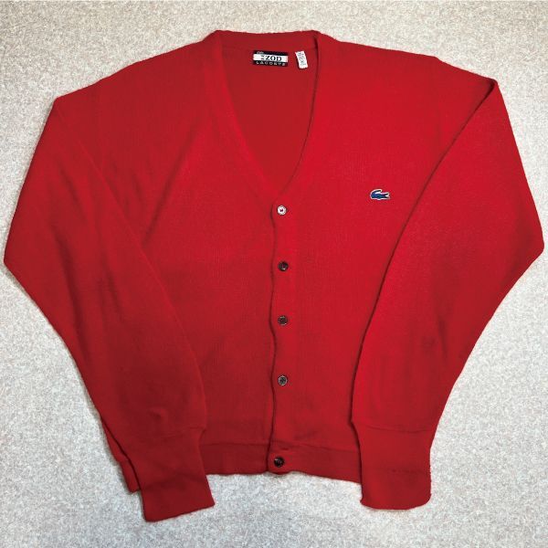 「LACOSTE(ラコステ)」IZOD アイゾッド 70s 80s 糸巻き 青ワニ 白黒 Mサイズ レッド アクリルニット カーディガン